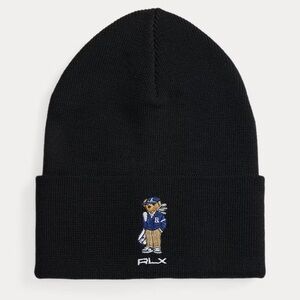 Ralph Lauren RLX Black Merino Wool Golf Polo Bear Beanie Knit Hat NWT